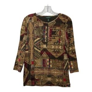 Lauren RALPH LAUREN Womens Size‎ L AZTEC Henley Top Brown Red Blue Cotton